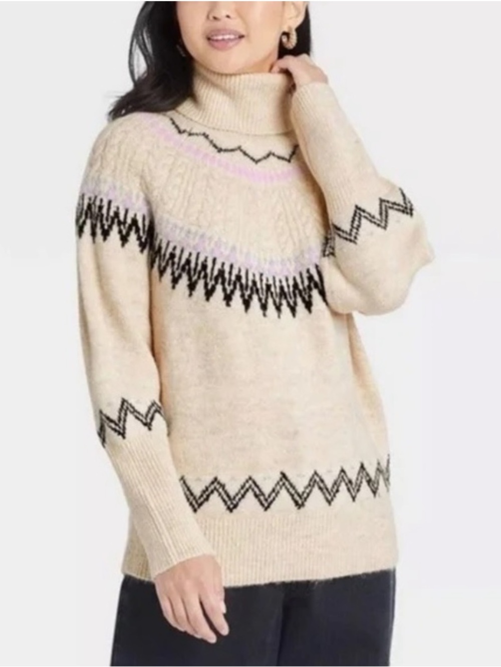 A New Day Fair Isle Cable Knit Turtleneck Sweater Oatmeal Lavender Nordic Small